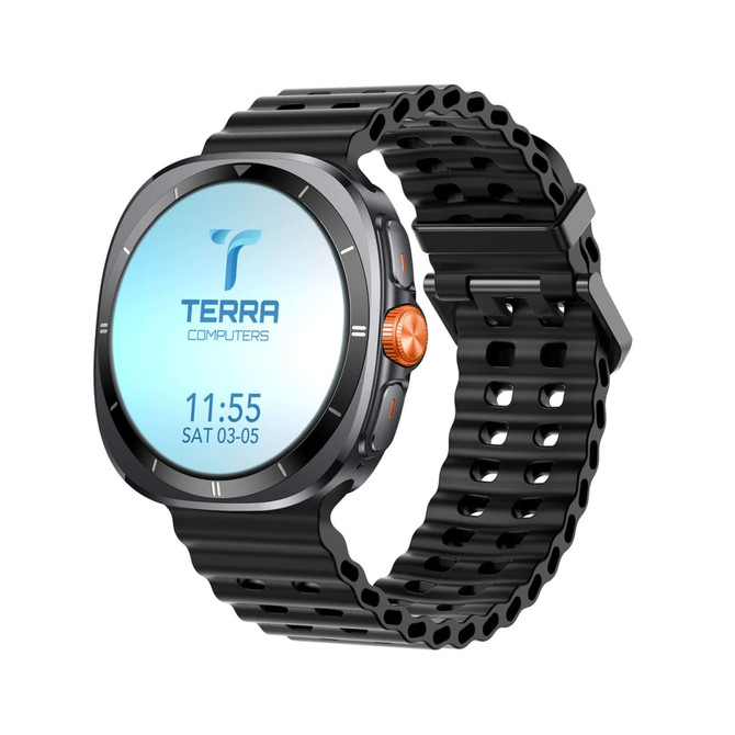 A smart watch with a round face, black case, and a textured black strap, featuring a digital display.