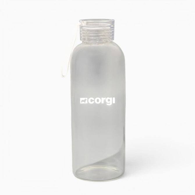 A drink bottle made of clear borosilicate glass with a screw-on lid and a logo.