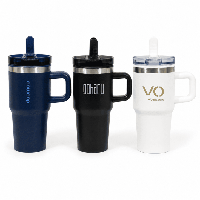A drink bottle set featuring three travel mugs in navy, black, and white with branded logos and reusable straws.