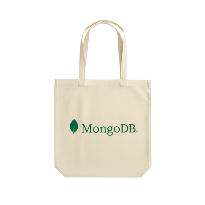 A natural beige tote bag with two handles and a logo on one side.