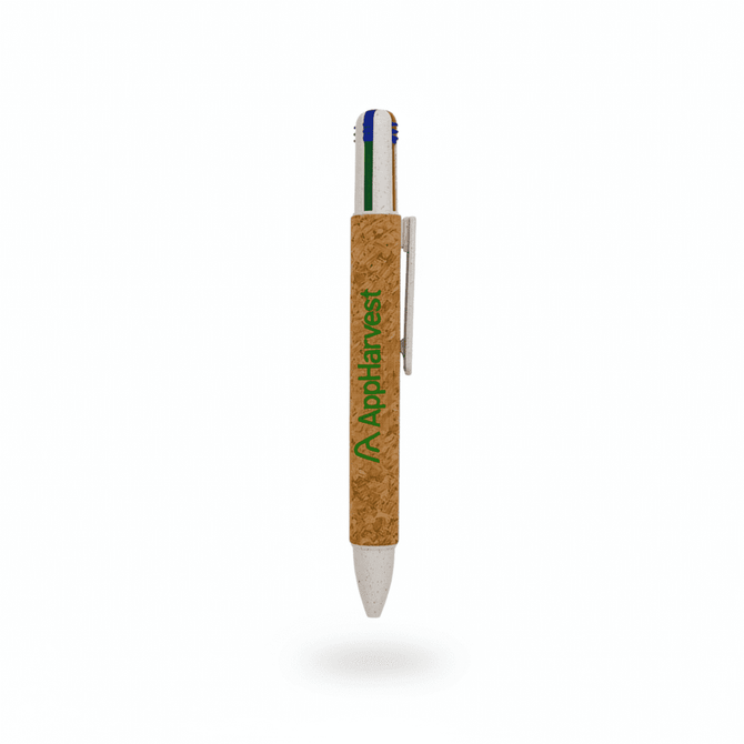 A cork pen featuring four ink colours—blue, green, red, and black—with a metal clip and a logo.