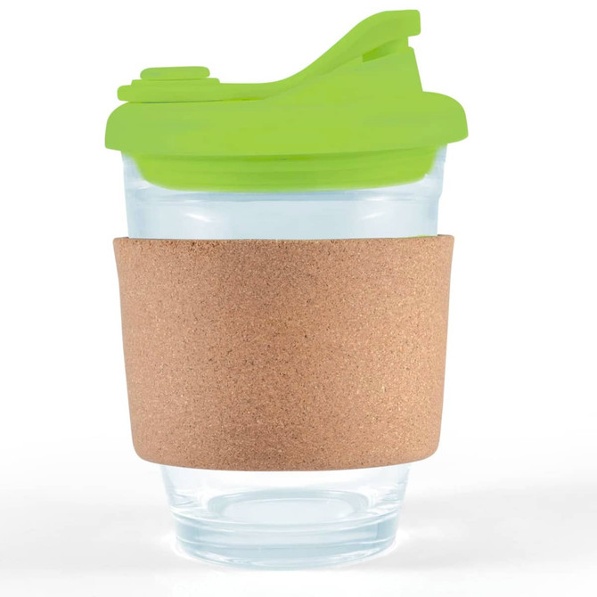 A reusable coffee cup with a transparent body, green snap lid, and a cork band around its middle.