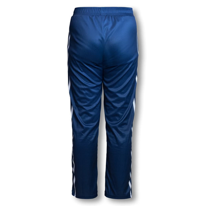 Navy blue kids' track pants with a comfortable elastic waistband and white side stripes. Includes a logo on the waistband.