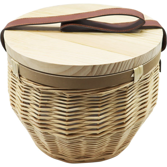 A round cooler basket in natural wood tones with a brown strap, featuring a woven design and a wooden lid.