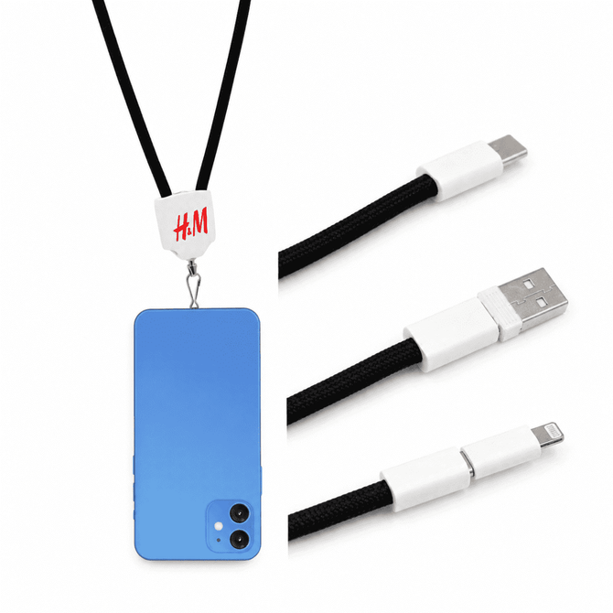 A charging lanyard with a black strap, featuring a white connector and a blue phone attached.