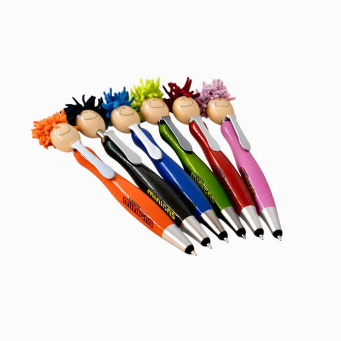 A collection of six colourful Mop Head Pens with stylus, featuring playful character heads and varying hair colours.