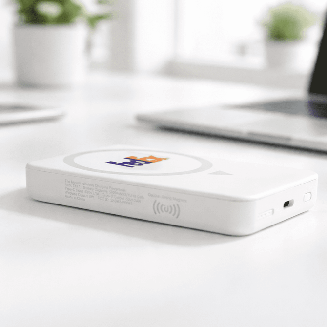 A white wireless charging power bank with a logo, resting on a desk near plants and a laptop.