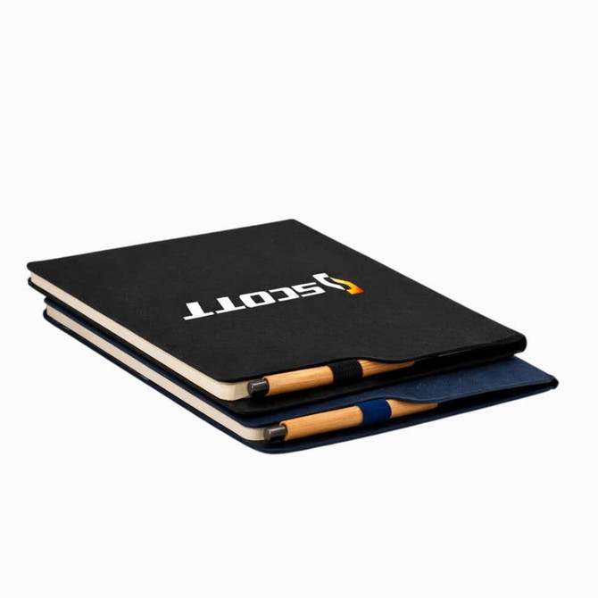 A pair of A4 notebooks in black and navy, featuring wooden pens and a logo on the front cover.