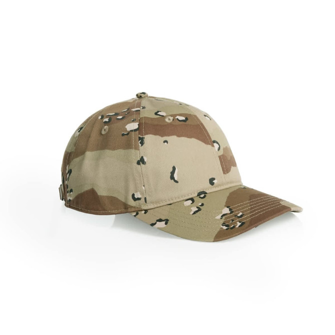 A camo cap in shades of tan and green featuring a curved brim and a logo on the side.