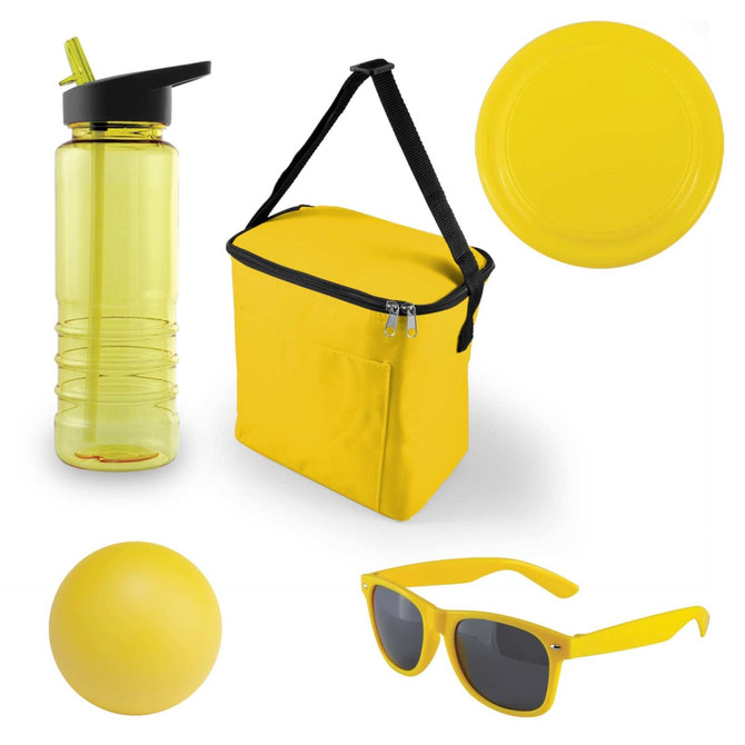 A drink bottle, a yellow cooler bag, a frisbee, a yellow ball, and yellow sunglasses are arranged together.