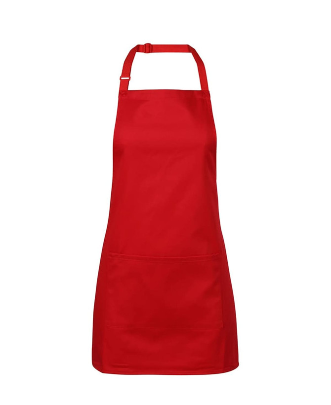 A red workwear apron featuring adjustable neck straps and a front pocket. Includes a logo.