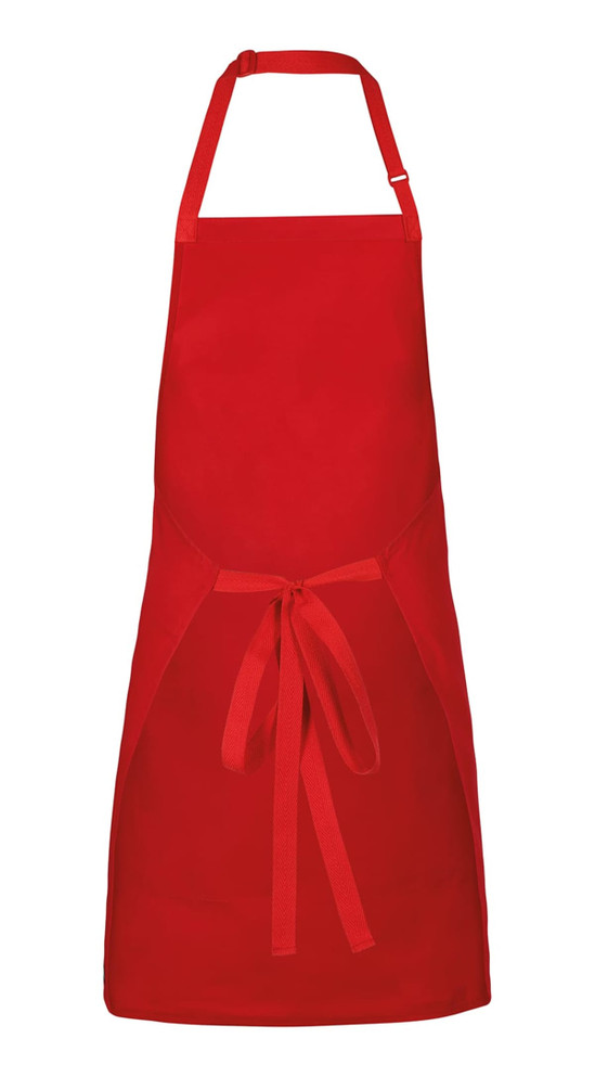 A red apron with a tie waist and adjustable neck strap, featuring a logo.