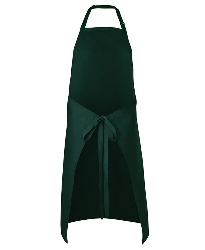 A dark green apron featuring a tie at the waist and a neck loop, with a branding logo.