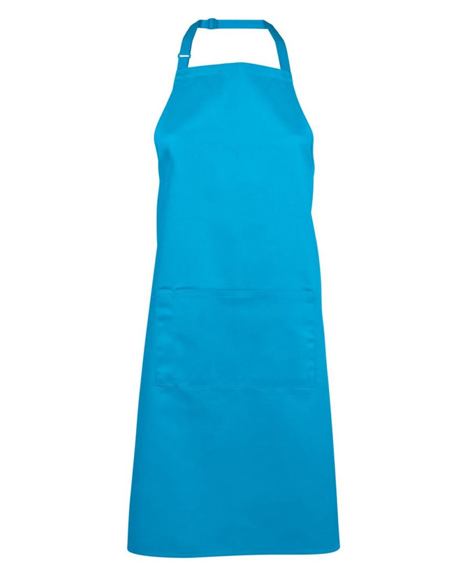 A bright blue apron featuring a front pocket and an adjustable neck strap, with a logo.