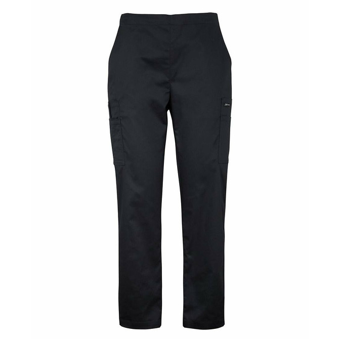 Black cargo pants for women with multiple pockets, designed for comfort and functionality in a scrub style.