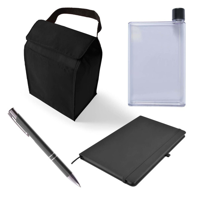 A cooler bag in black, a transparent drink bottle, a black notebook, and a black pen arranged together.