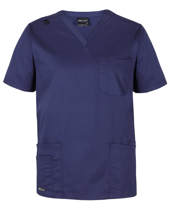 A unisex premium scrub top in navy blue with a pocket and a logo. It features short sleeves and a V-neck design.