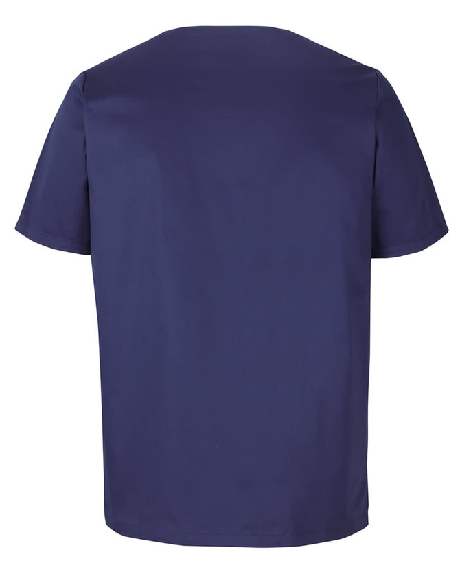 A unisex premium scrub top in navy blue, featuring short sleeves and a simple design. It includes a logo.