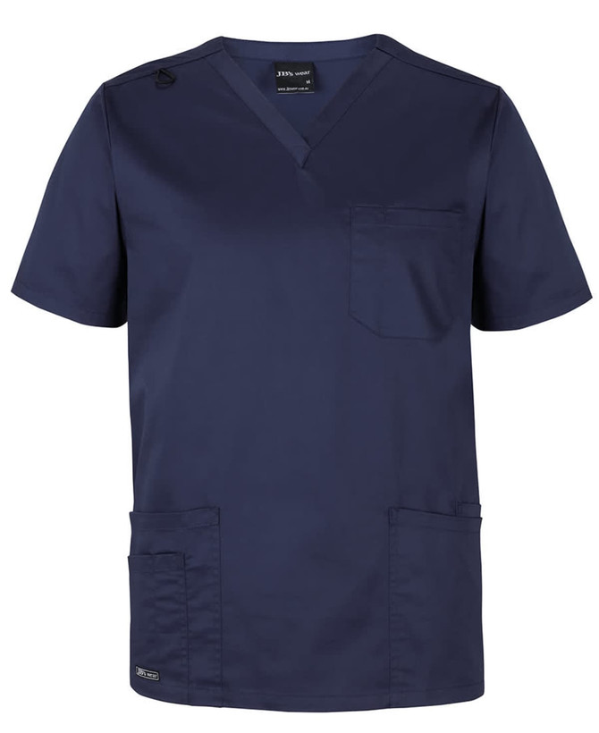 A navy unisex scrubs top featuring a V-neck, short sleeves, and multiple pockets. There is a logo on the chest area.