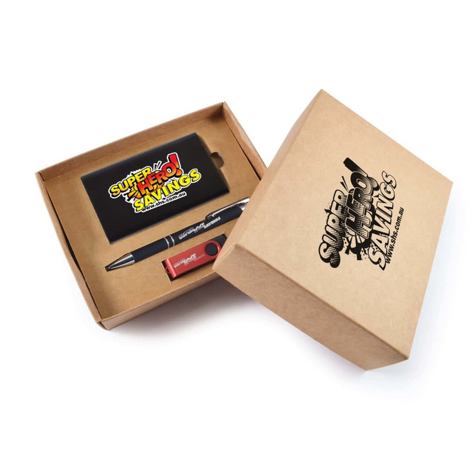 A gift set featuring a notebook, a pen, and a USB drive, all presented in a cardboard box with colorful branding.