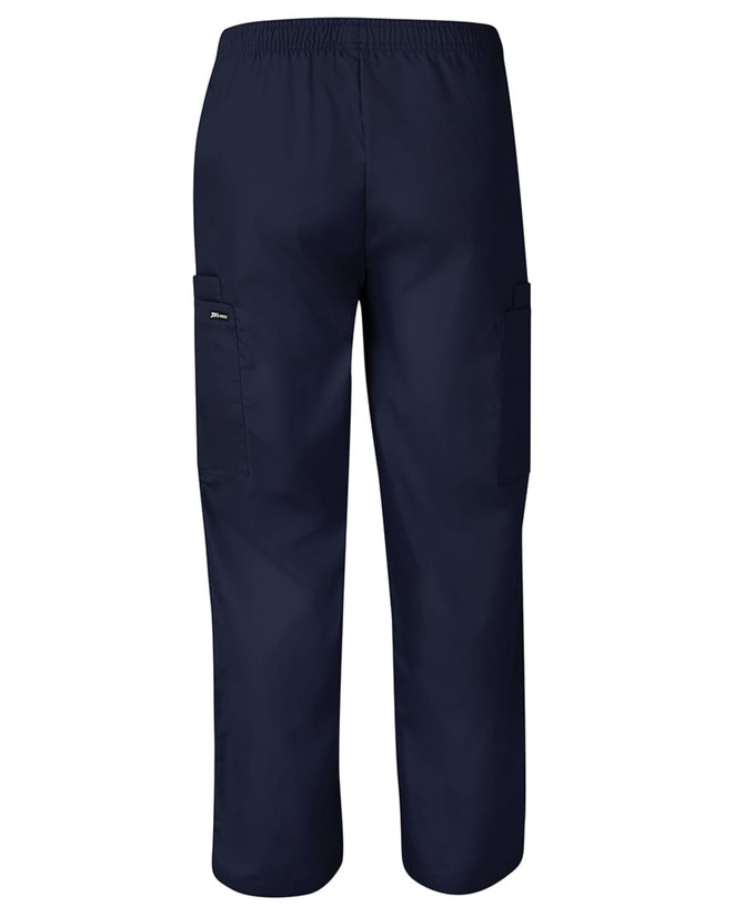 Navy unisex scrubs pants with a relaxed fit, featuring side pockets and an elastic waistband.