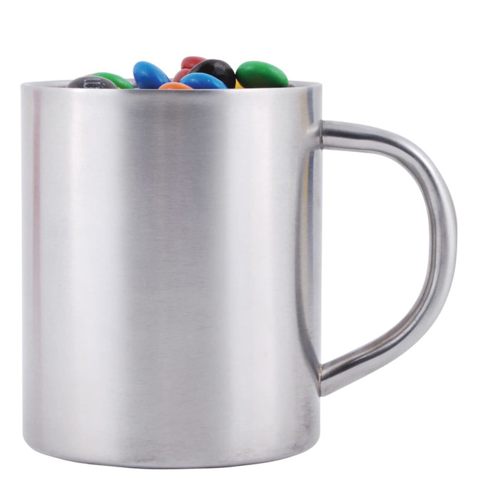 A stainless steel mug filled with colorful M&M's candies.