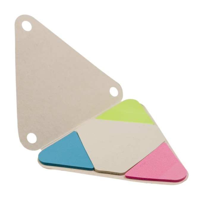 A set of colorful sticky notes in triangular shapes featuring blue, green, pink, and beige tones, with a logo.