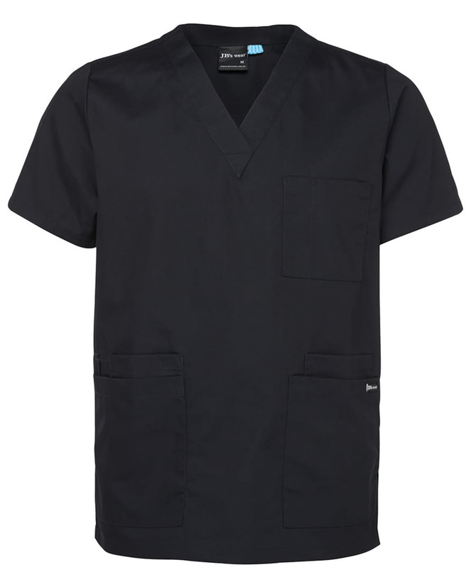 A black unisex scrub top with a V-neck, short sleeves, and multiple pockets. It features a logo on the side.