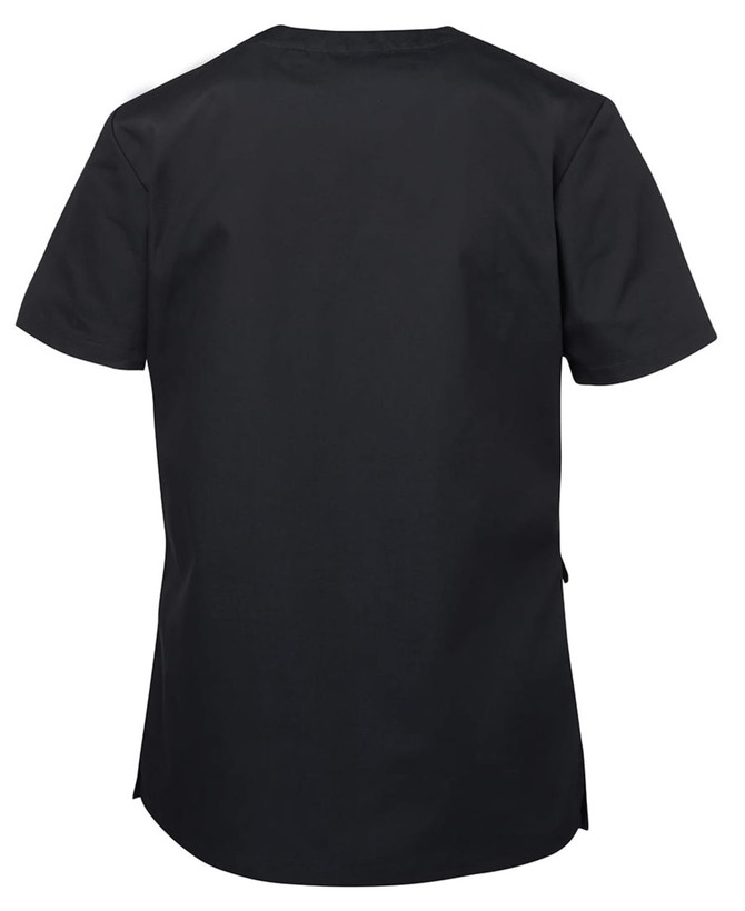 A black ladies' scrub top featuring short sleeves and a rounded hem. The top includes a logo on the back.