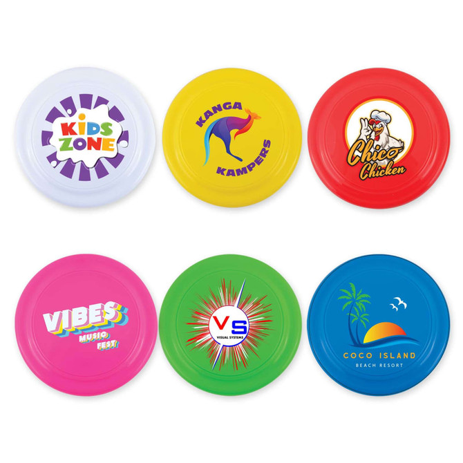 A set of colorful frisbees in white, yellow, red, blue, and green, each featuring different logos and designs.