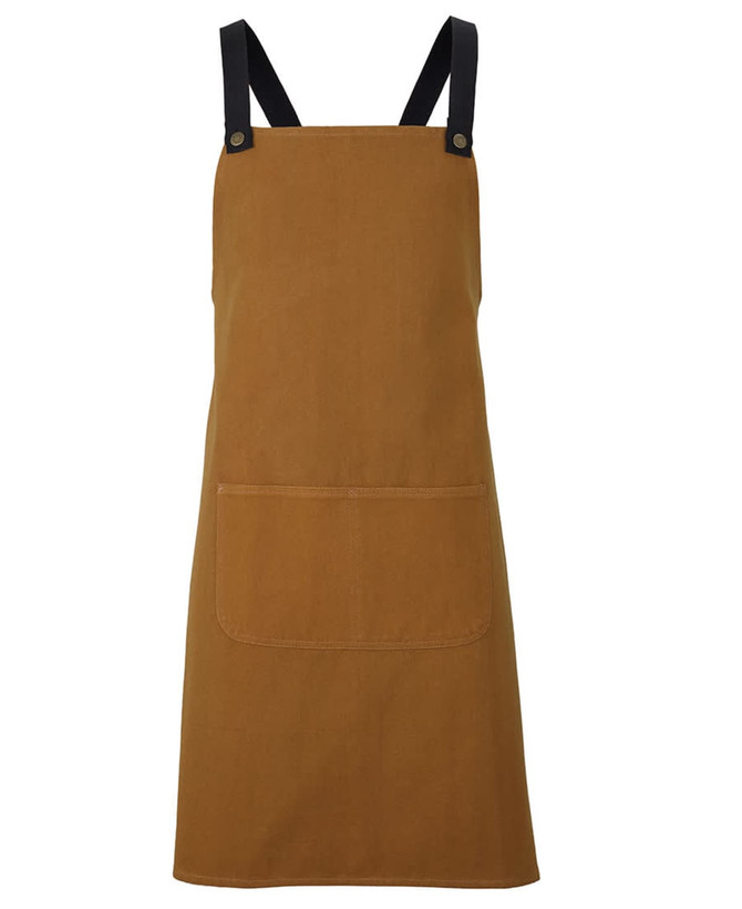 A brown canvas apron with black straps and a front pocket. It features a logo on the design.