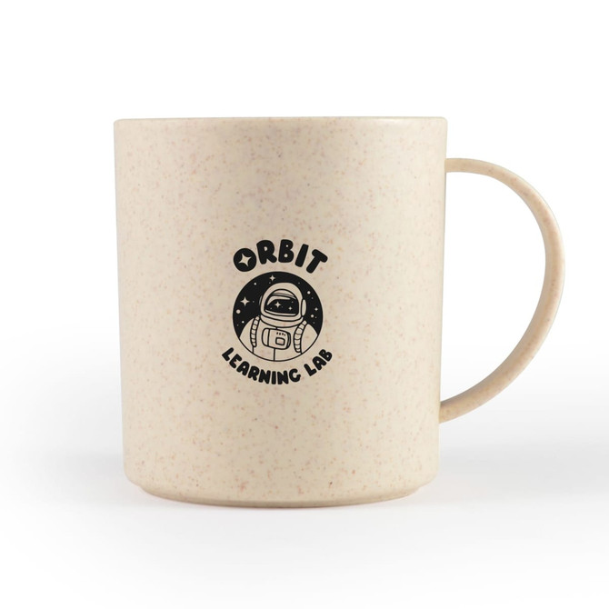 A cream-coloured reusable mug made from wheat fibre, featuring a logo with an astronaut design.