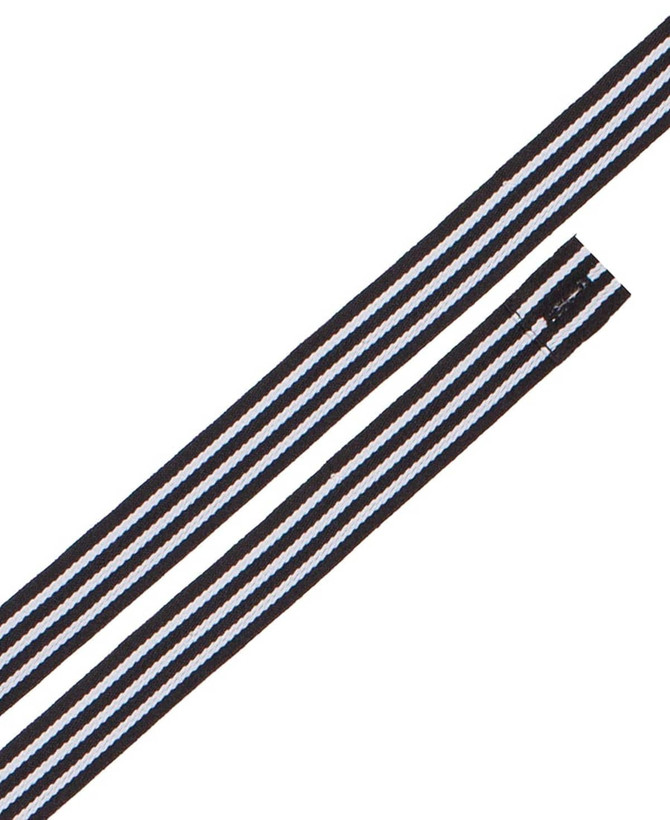 A striped apron strap in black, blue, and white, featuring two long pieces with a cut end.