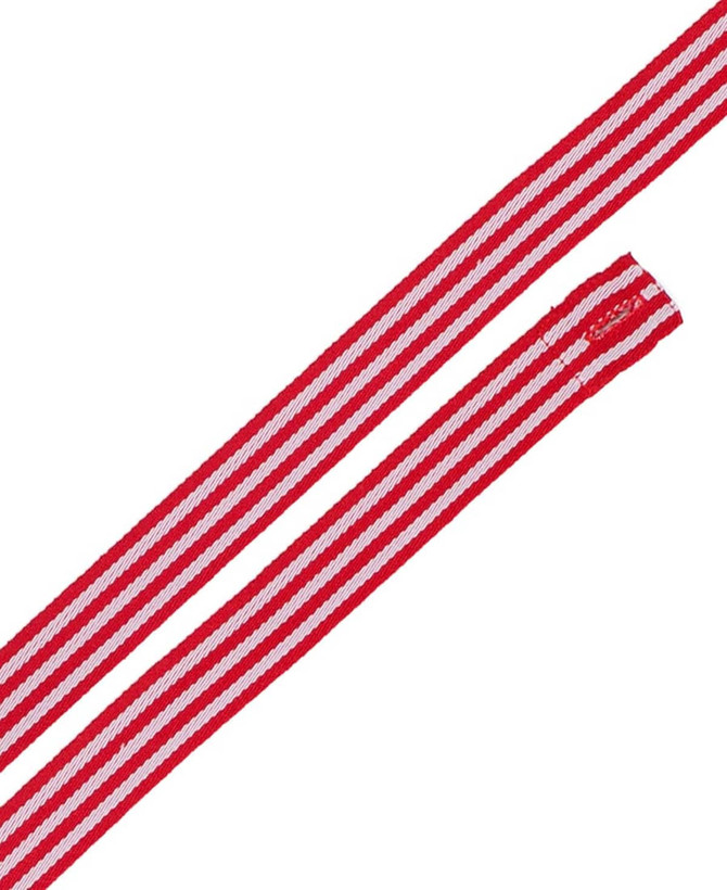 A red and white striped strap for an apron, featuring changeable elements and a sturdy design.