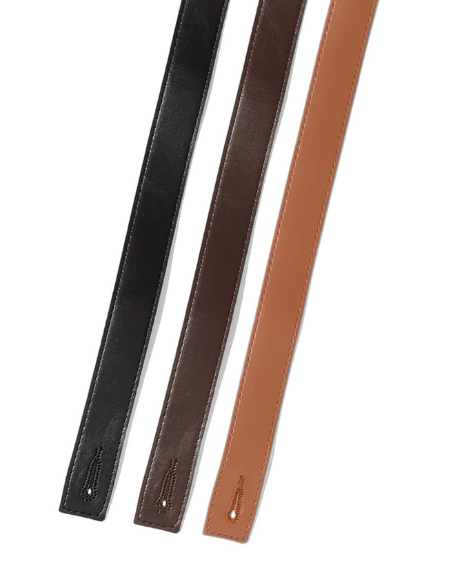 Three changeable PU cross back apron straps in black, dark brown, and tan. The straps feature a smooth finish and have a logo.