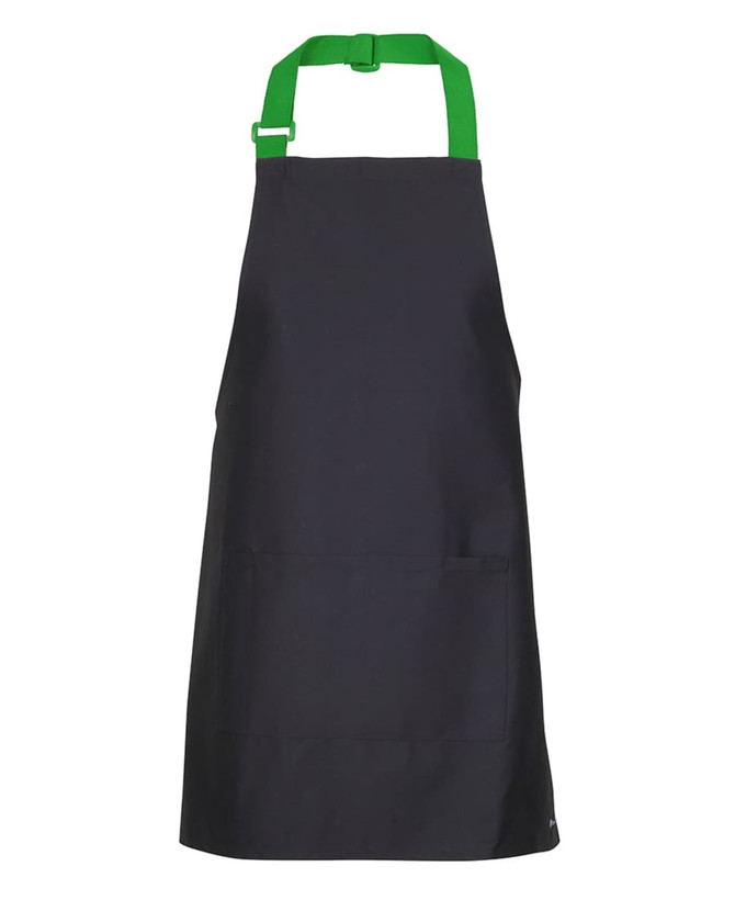 A black apron featuring green straps and a front pocket, designed for workwear use.
