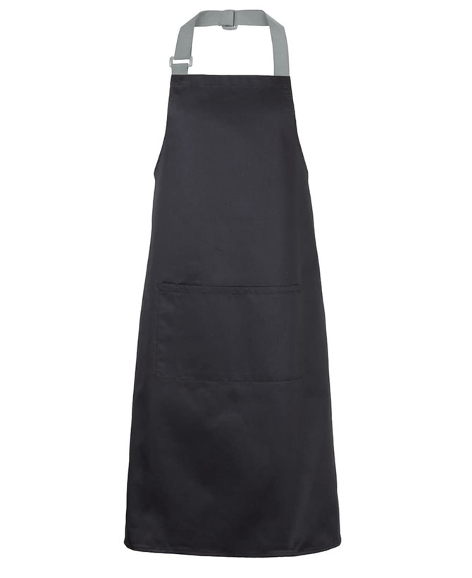 A black apron with colour straps, featuring a front pocket and adjustable neck strap.