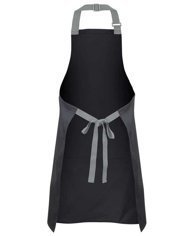 A black apron with grey straps and a tie, featuring a simple design and an adjustable neck.