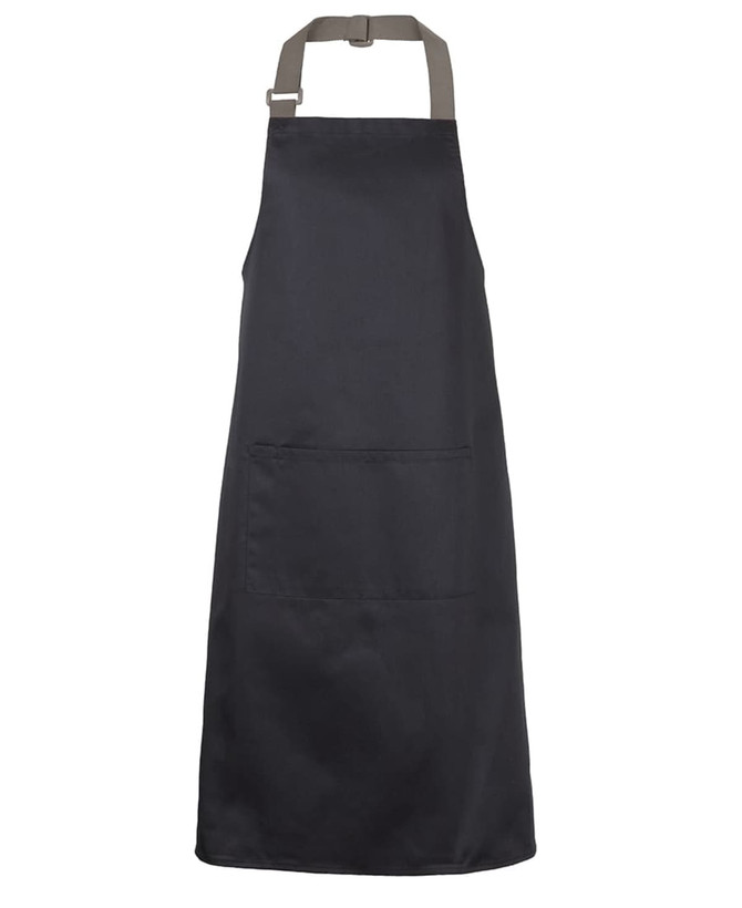 A black apron with colour straps, featuring a front pocket and an adjustable neck strap.