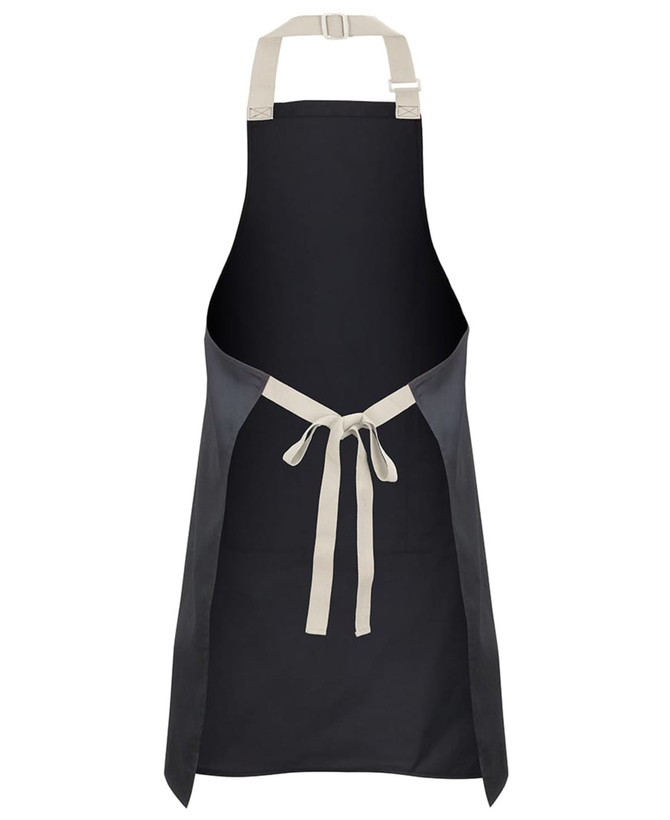 A black apron with light beige straps, featuring a front tie and a simple design. It has a logo.