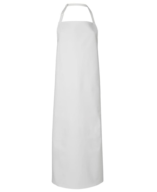A white vinyl apron hangs straight down, featuring a neck loop and no visible pockets or embellishments.