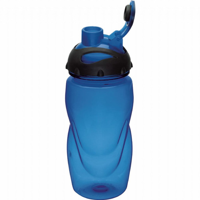 A drink bottle in a vibrant blue colour with a black lid and spout, featuring a built-in handle.