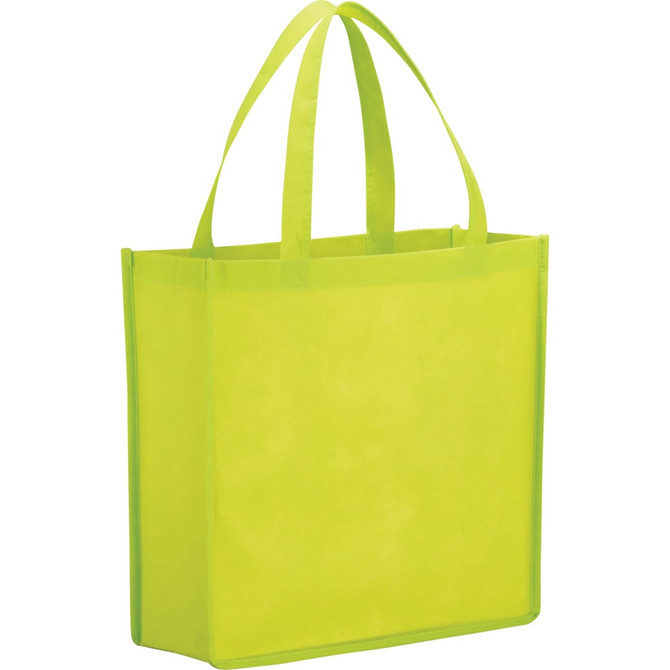 A bright lime green non-woven shopper tote bag with two sturdy handles and a logo.