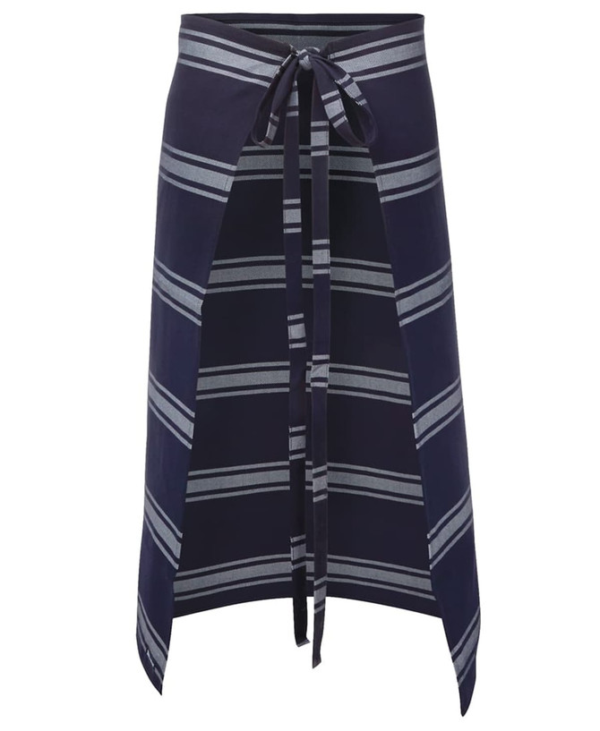 A navy blue butcher's apron with grey stripes and a tie closure, featuring a logo.