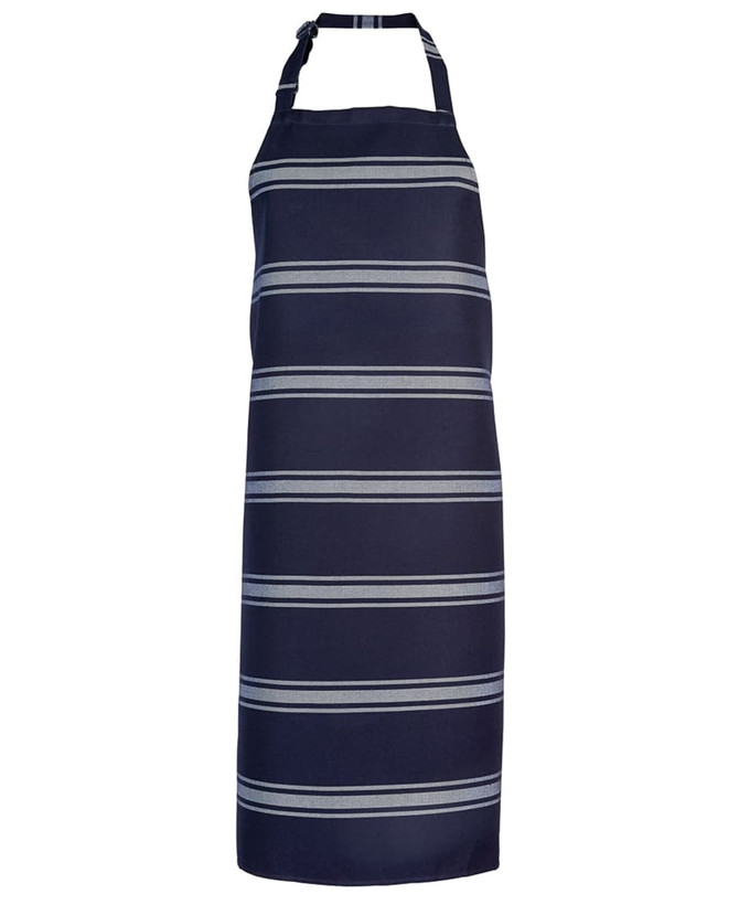 A navy blue apron with horizontal stripes and a neck strap. It has a logo on the front.