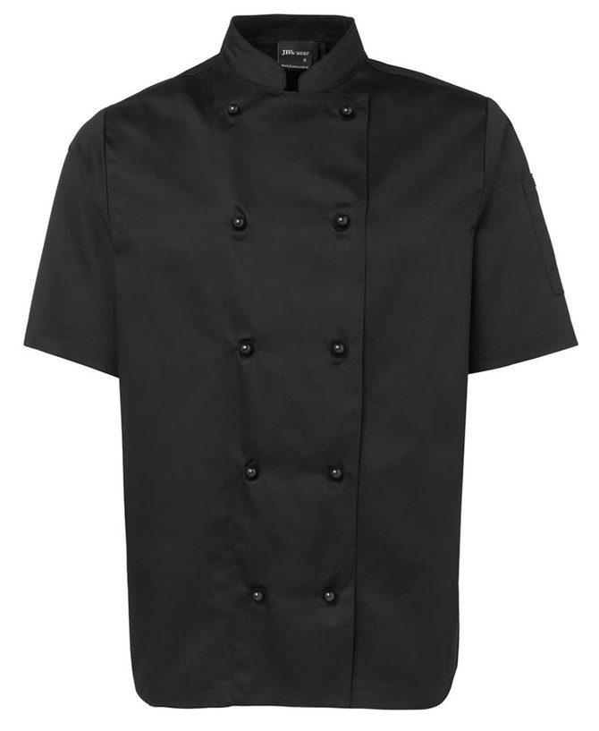 A short-sleeved black chef's jacket with a double-breasted front and a standing collar. Features a logo on the sleeve.