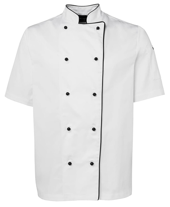 A white chef's jacket featuring short sleeves and black piping along the edges. It has a logo on one sleeve.