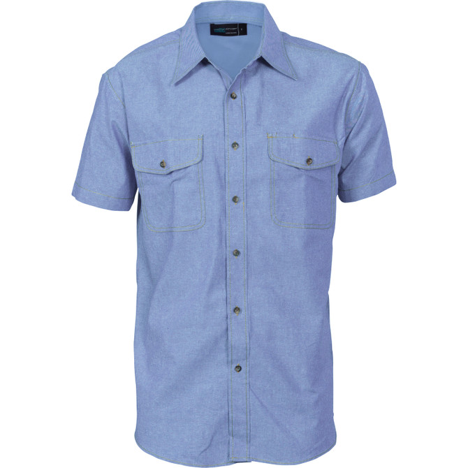 Mens Twin Flap Pocket Cotton Chambray - Short Sleeve