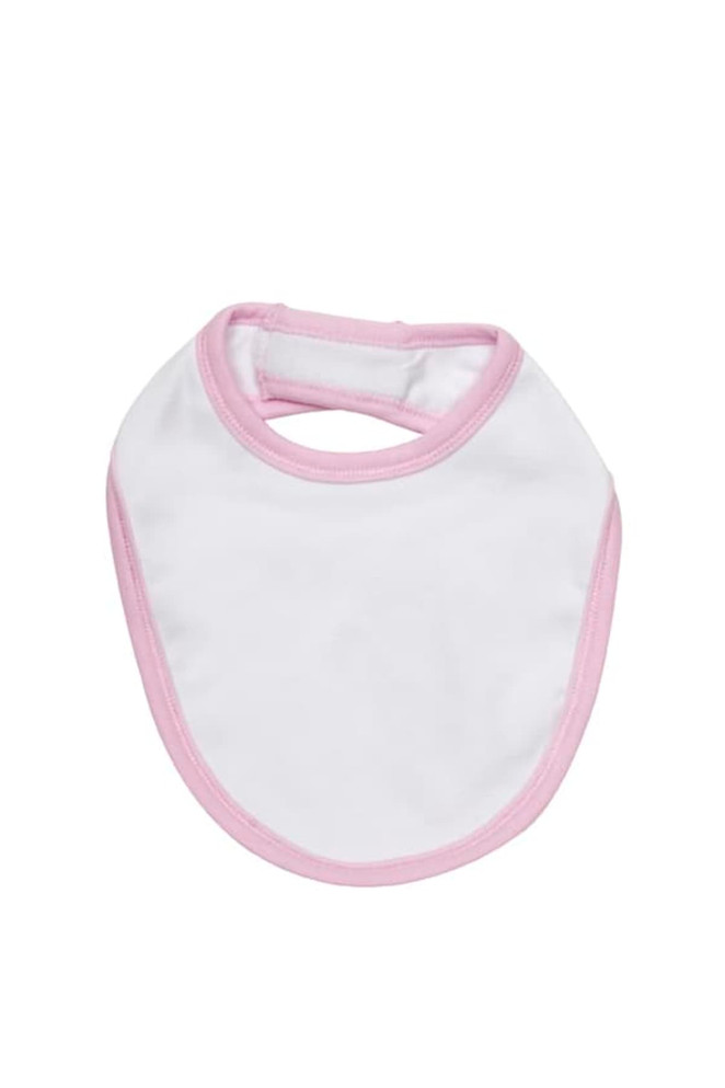 A white baby bib with pink trim and an adjustable neck opening, featuring a logo.
