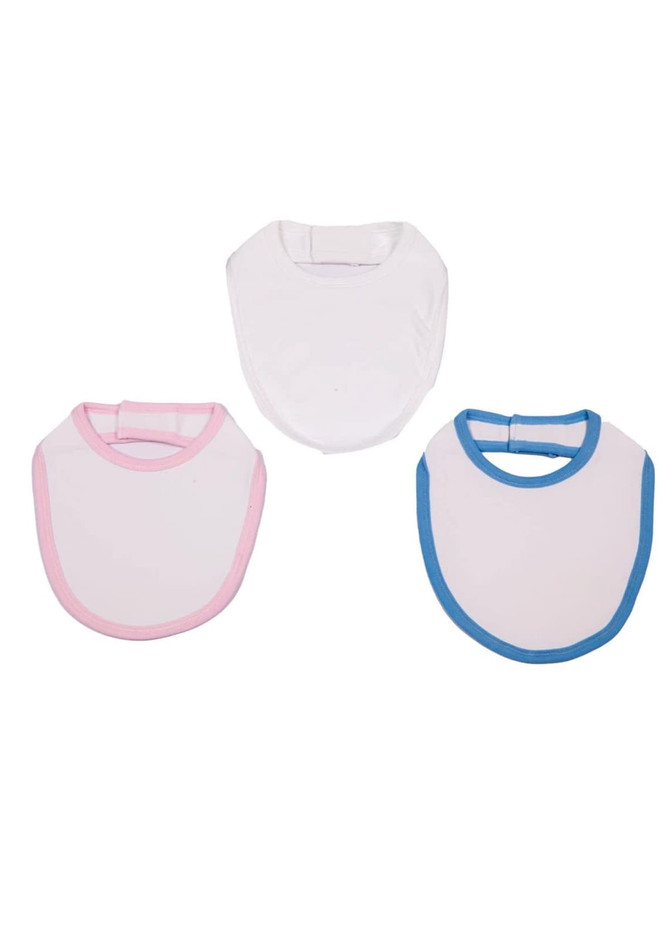 Three baby bibs in white, pink, and blue, with contrasting trims and a logo on each bib.